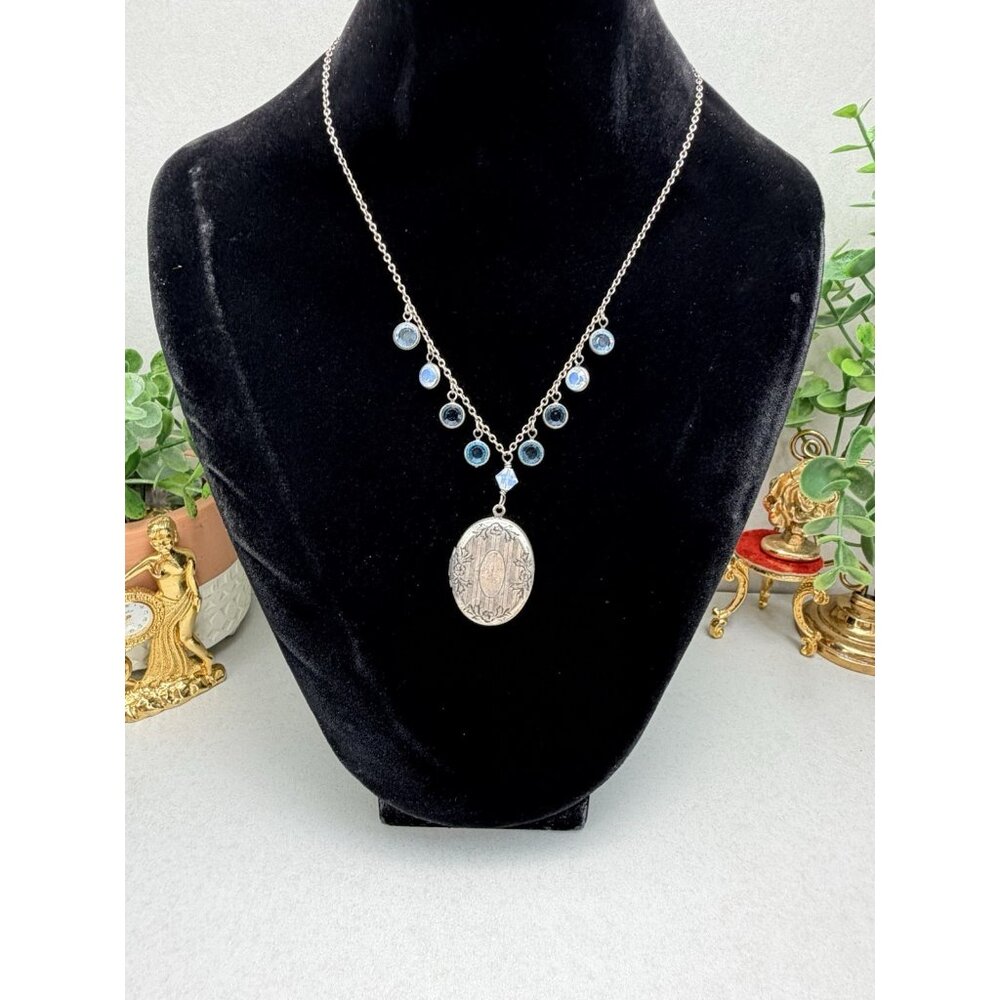 Vintage RACHEL Silver Plated Locket & Crystal Necklace Vintage Costume Necklace